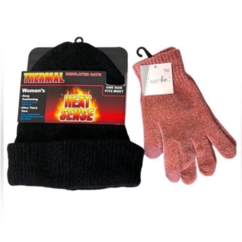 Pink Chenille Gloves Knit Beanie Thermal Black Heat Sense Thick Hat Holiday NEW - Picture 10 of 16